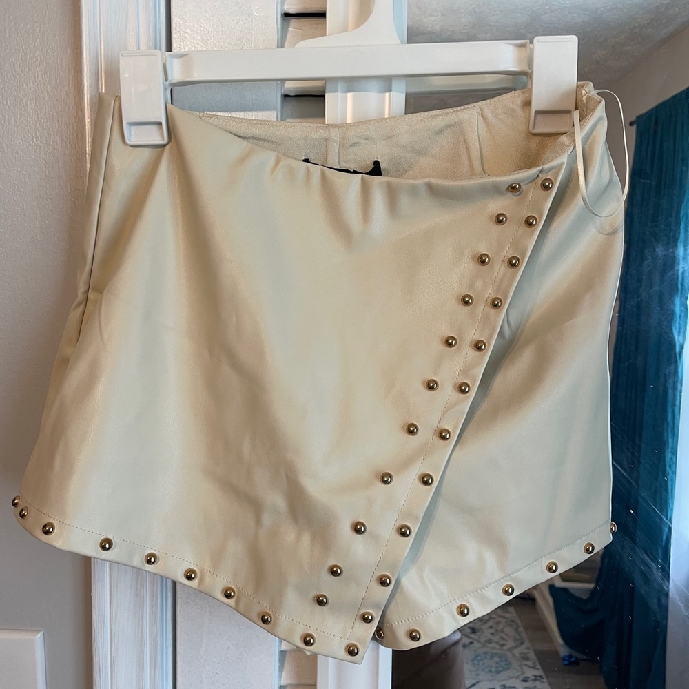 Studded Cream Faux Leather Mini Skort
